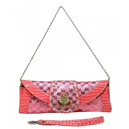 Evening Bag - 12 PCS - Sequined Checker w/ Croc Embossed Trim Flap - Pink - BG-CE9915PK